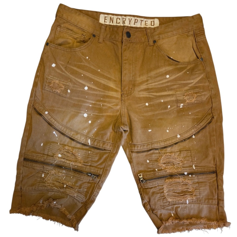 Encrypted Supply Co Mens 38 Brown Moto Denim Shorts Distressed Paint Splatter